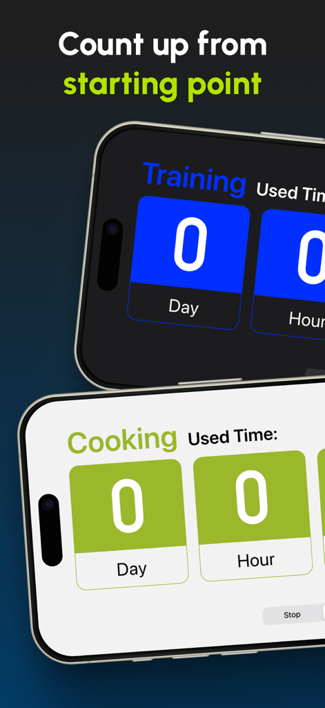 Two smartphones displaying count up timers for training and cooking tasks in landscape mode
