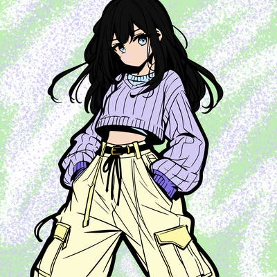 anime teen girl with baggy pants and crop top with sweater