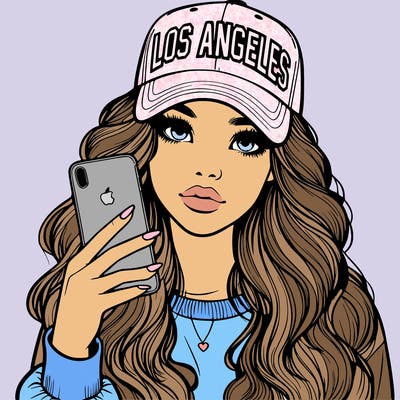 realistic beautiful girl wearing los ángeles cap holding an iphone