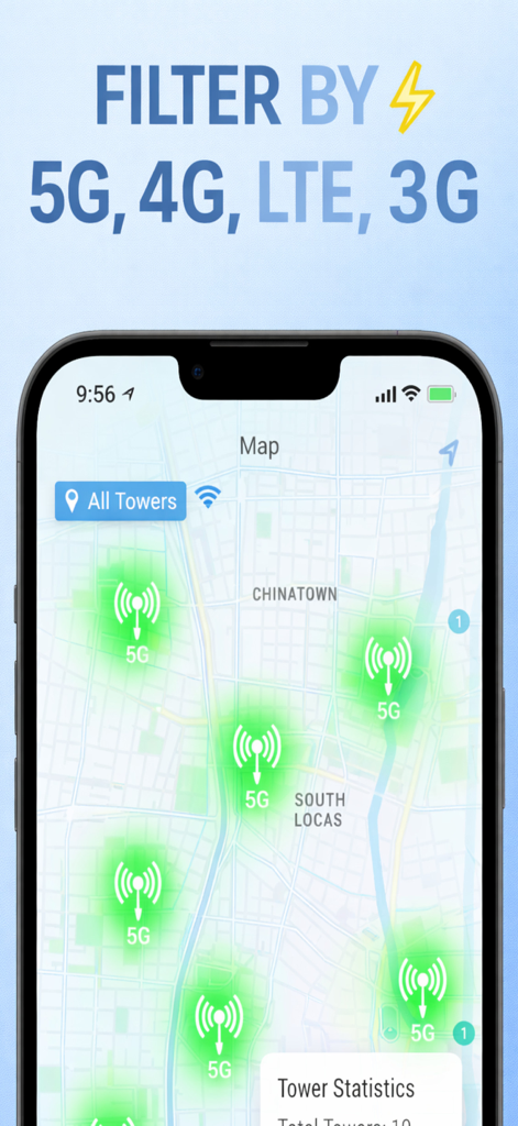 Cell Tower – Signal Finder 5G - Interactive map displaying 5G cell tower locations and network signal filters