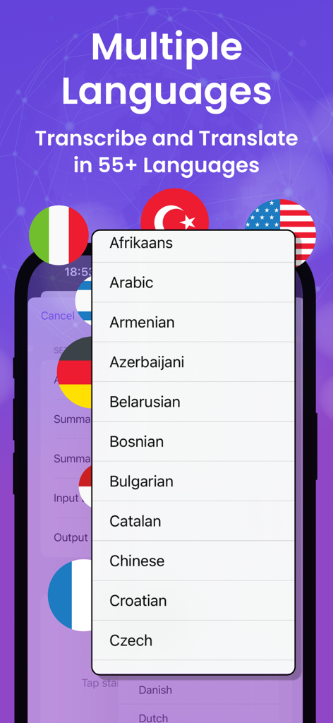 Liste der Sprachen, die für Transkription und Übersetzung in der Transcribe AI App verfügbar sind