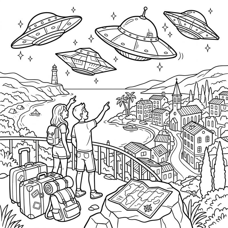 Embark on an extraordinary coloring adventure where alien encounters meet a relaxing getaway. This unique design blends the thrill of UFO sightings with the charm of a coastal vacation.