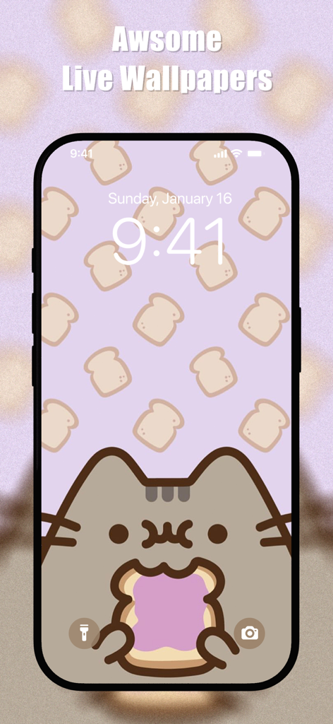 Pusheen Cat Wallpapers 4K - Pusheen cat holding a toast piece on a purple live wallpaper for iPhone lock screen