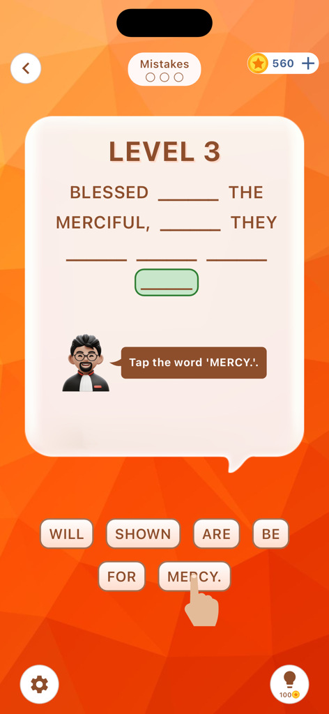 Bible Game - Verses God's Word - Mobile game screen showing a Bible verse puzzle where the player must select words to complete a scripture.