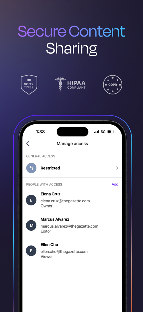 Rev: Record & Transcribe - Captura de tela do aplicativo Rev mostrando o gerenciamento seguro de compartilhamento de conteúdo com os logotipos de conformidade SOC 2, HIPAA e GDPR.