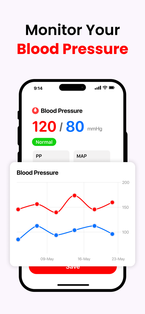 A smartphone screen from the BPCare AI app showing a blood pressure reading of 120 over 80 and a historical trend graph.