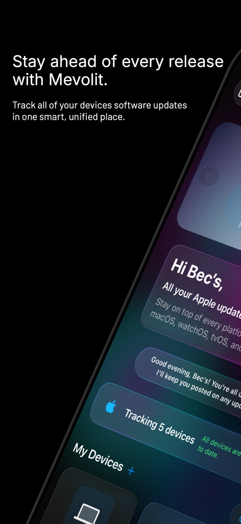 Mevolit - Device Updates - Mevolit app interface showing unified tracking for multiple Apple device software updates with a sleek liquid glass design