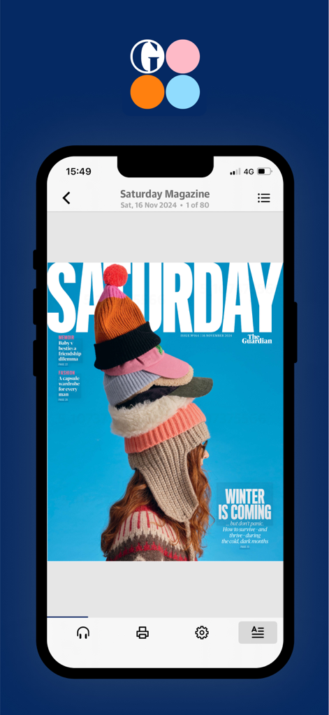 The Guardian Editions - La aplicación móvil The Guardian Editions mostrando la portada digital de Saturday Magazine con una temática invernal colorida.