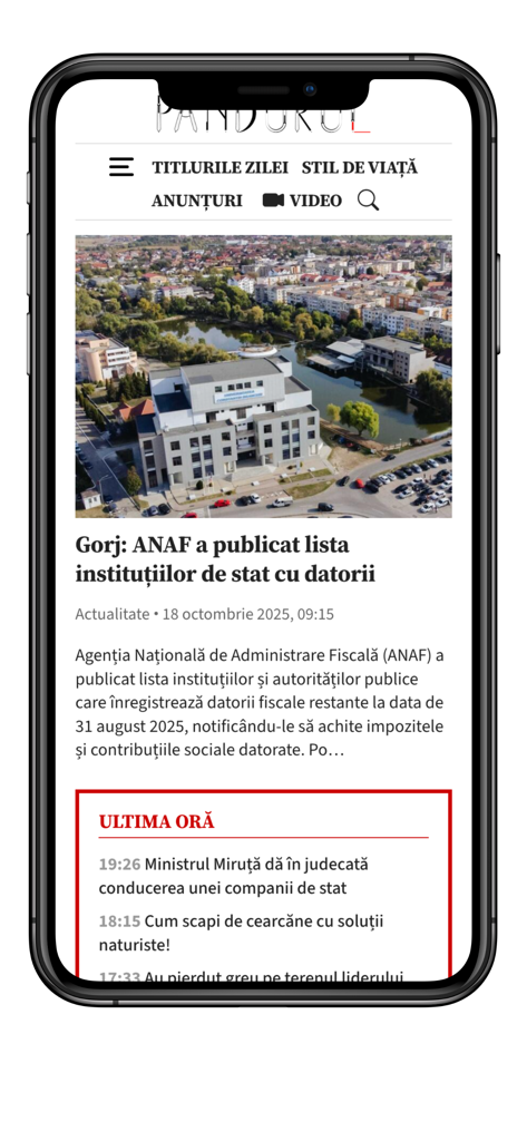 Pandurul mobile app interface displaying local news headlines and breaking updates from the Gorj region of Romania
