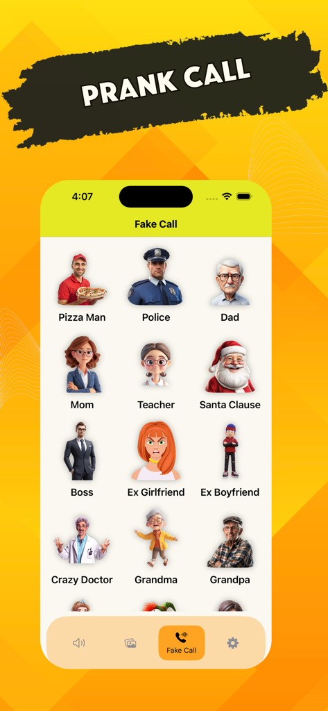 Fart Noise & Funny Fart Sounds - Interface showing a grid of characters for fake call pranks including police santa claus and family members