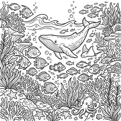 Unwind with this intricate full scene coloring page, showcasing a majestic whale, an octopus, and a diverse array of fish amidst vibrant coral reefs. Perfect for capturing those relaxing weekend vibes and immersing yourself in an aquatic wonderland.