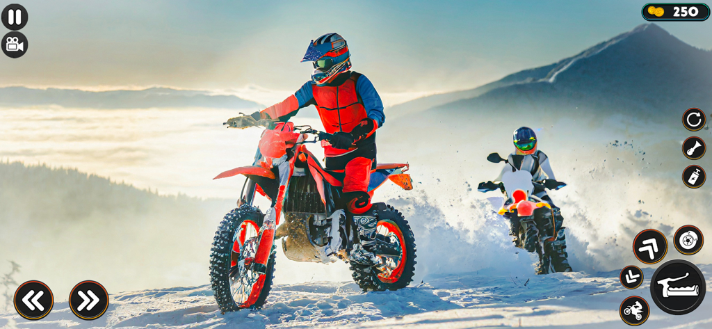 Dirt Bike Stunt Motocross Game - Un piloto de motocross en una moto naranja compitiendo a través de un entorno de montaña nevado