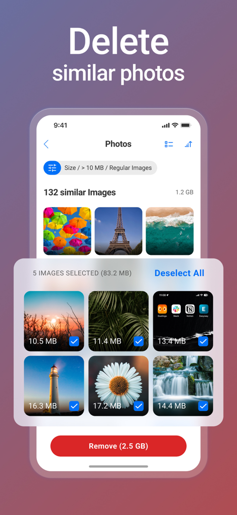 Interfaz de la aplicación CCleaner que muestra la selección de fotos similares para eliminar y liberar espacio de almacenamiento del iPhone