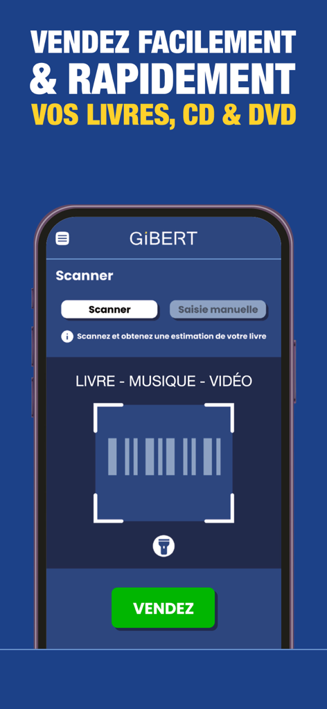 Gibert - Je Vends - Interface of the Gibert app showing the barcode scanner feature to sell books, CDs, and DVDs.