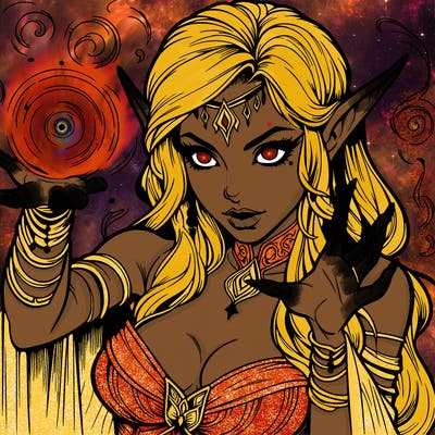 realistic scary beautiful elf sorceress casting spell