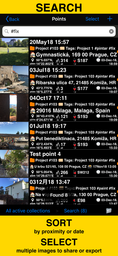 GPS Camera 55. Field Survey - Search and sort field survey photos by tags and coordinates in the GPS Camera 55 app