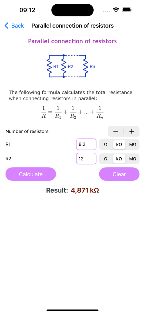 Resistor color codes calc - 並列抵抗計算機のインターフェース。数式と結果が表示されています。