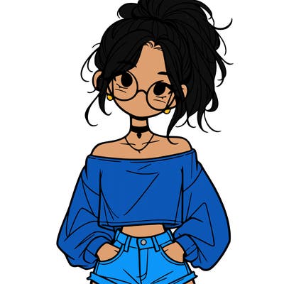 girl with a messy ponytail glasses a baggy crop top and jean shorts