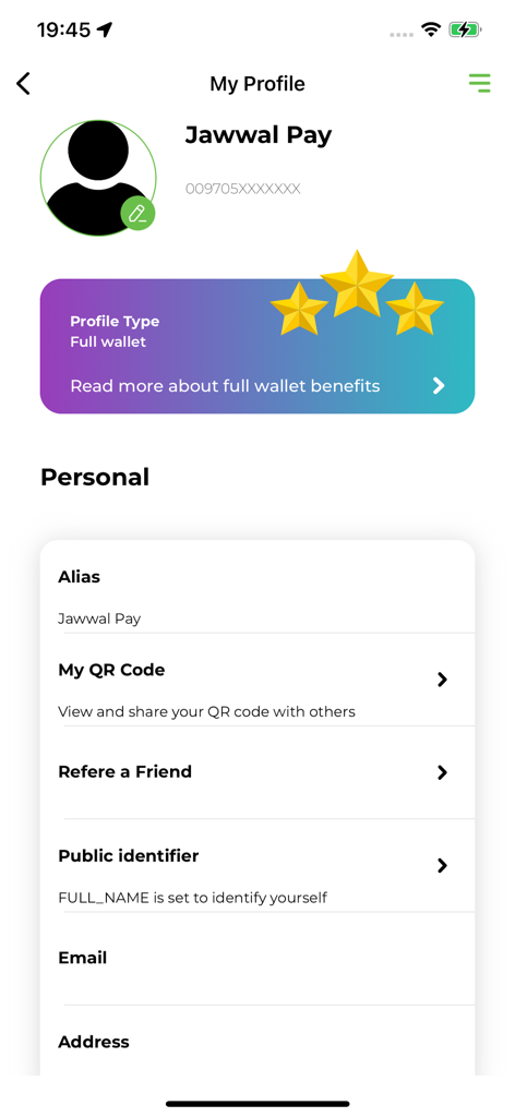 JawwalPay+ - The My Profile screen of the JawwalPay plus app showing user details and wallet settings