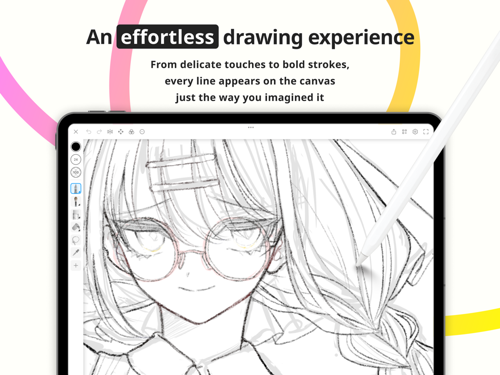 Pastela - Un boceto de personaje de anime en un iPad dibujado con un Apple Pencil en la aplicación Pastela