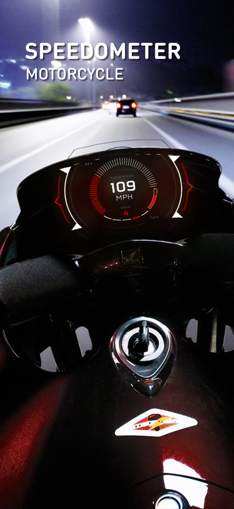 GPS Speedometer: HUD Odometer - A motorcycle dashboard showing a digital GPS speedometer displaying 109 MPH at night.