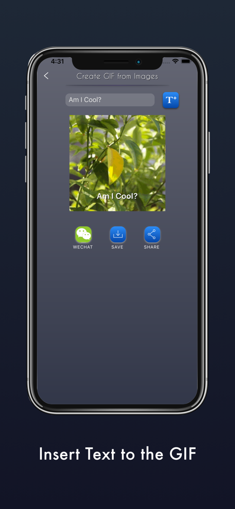 Mobile interface of GIF Master app showing the feature to insert custom text captions onto a GIF before sharing