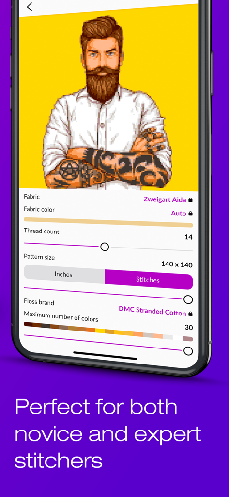 Aplicación Magic Needle que muestra un patrón de punto de cruz de un hombre tatuado con ajustes de tela e hilo