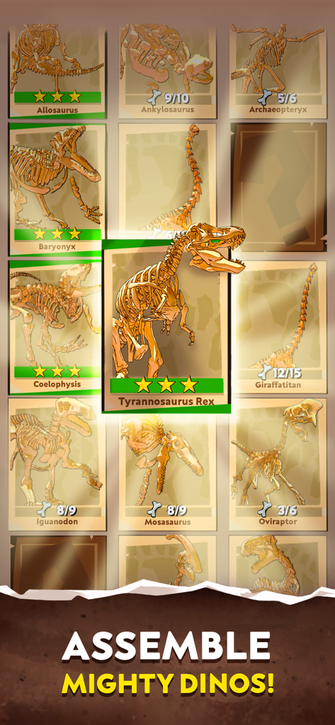 A menu showing a collection of completed dinosaur fossil skeletons including a Tyrannosaurus Rex