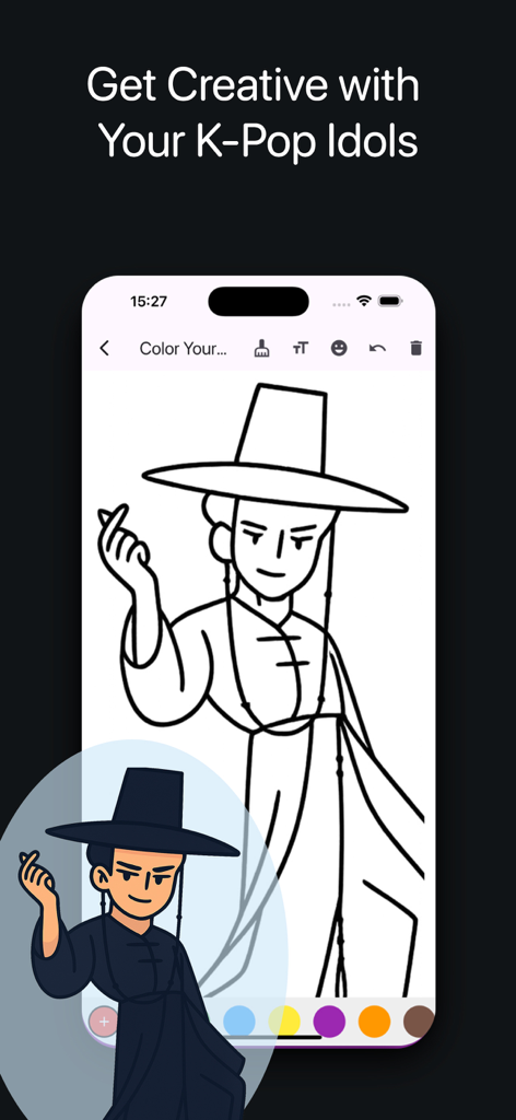 Kpop Quiz & Coloring Game - Coloring interface of the Kpop Quiz and Coloring Game app showing a character in traditional Korean clothing