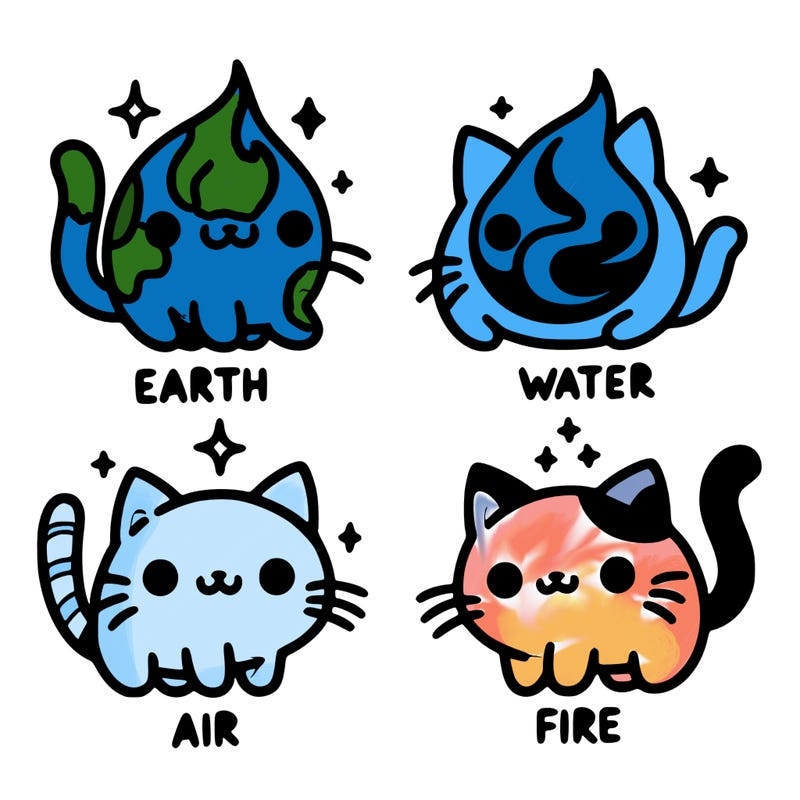 4 cats that represent the different elements, earth, water, air, and fire
