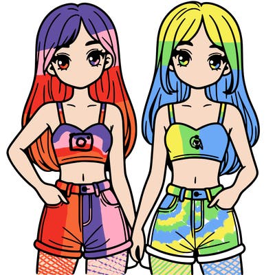 two sisters with crop tops and jean shorts and straight hair