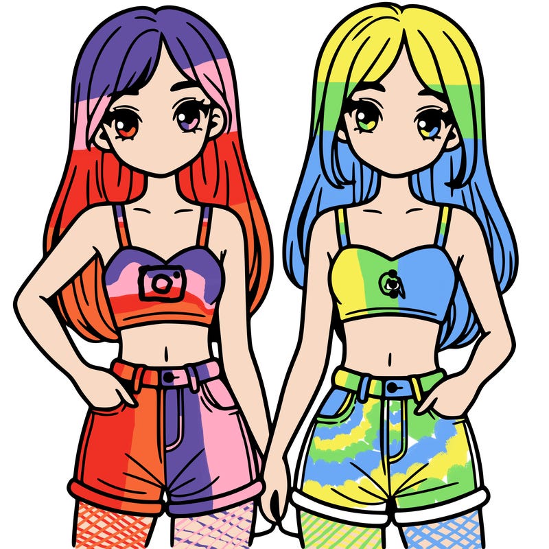 two sisters with crop tops and jean shorts and straight hair