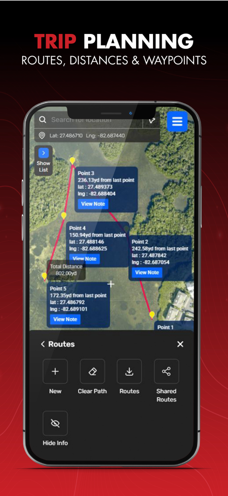 Salt Strong Smart Spots - Smartphone screen showing fishing trip planning with routes and waypoints on a satellite map