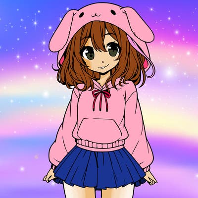 pretty anime girl wearing a fluffy hoodie with bunny ears on the hood and a skirt