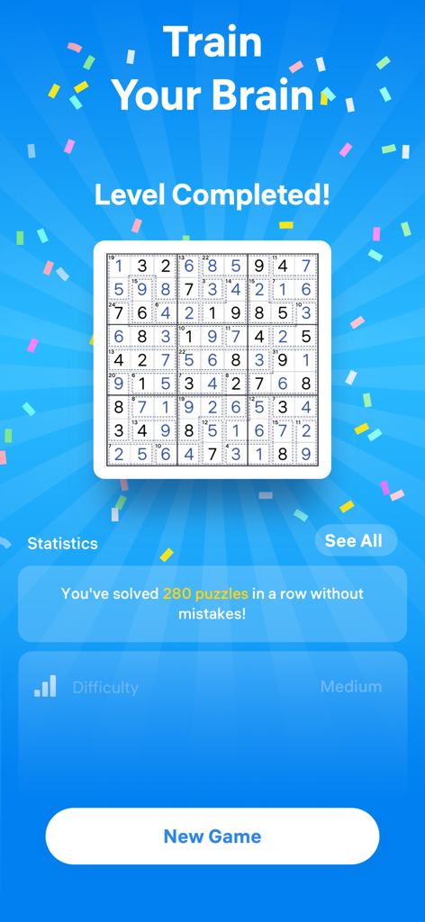 Un livello di puzzle di Killer Sudoku completato con coriandoli e un messaggio 'Allena il tuo cervello'.