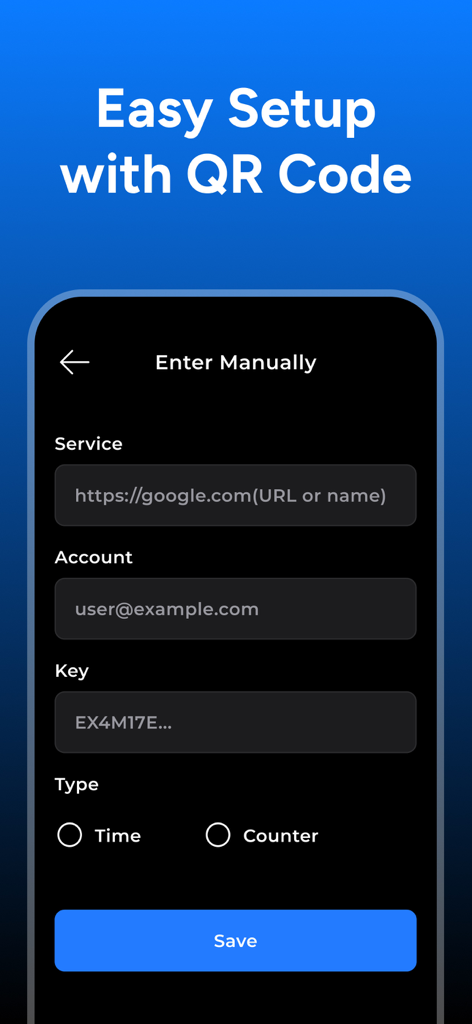 MFA 인증 앱의 수동 계정 설정 화면