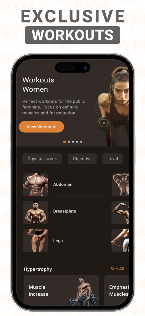 Gym WP app interface showing exclusive workout plans for women and body part categories like abdomen and legs