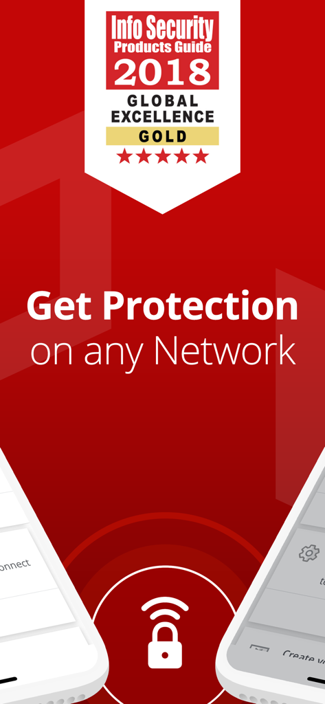 McAfee Safe VPN App Werbebildschirm mit dem Text 'Schutz in jedem Netzwerk' und einem Global Excellence Award-Abzeichen