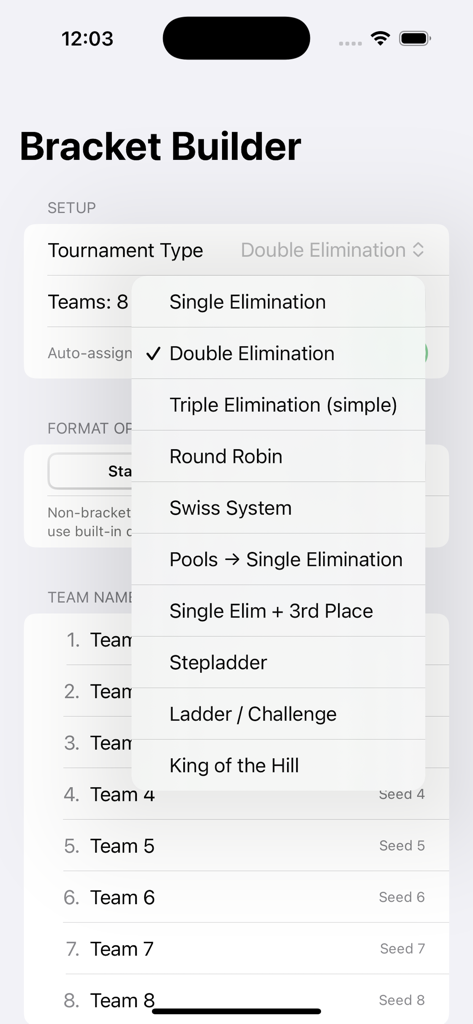 TBracket Builder - Setup screen in the TBracket Builder app showing a dropdown menu with tournament formats including single elimination and round robin.