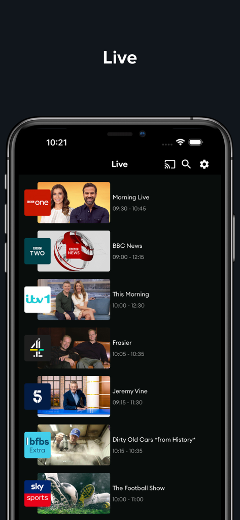 BFBS Player app interface showing a list of live British TV channels including BBC One, ITV1 and Sky Sports with show listings