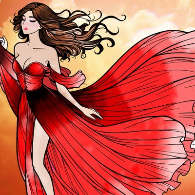 realistic woman in dress flowing the the wind