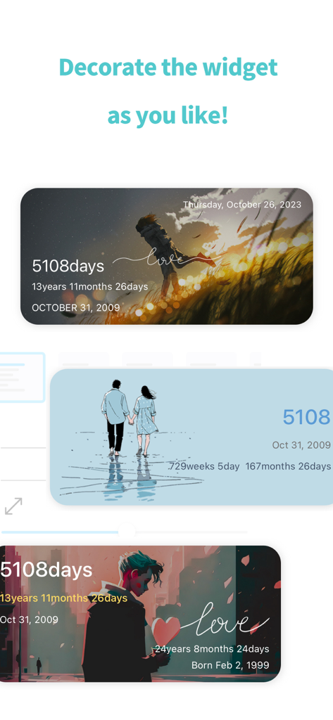 Couple Widget : Love Countdown - Examples of customizable love countdown widgets showing days together with various background styles