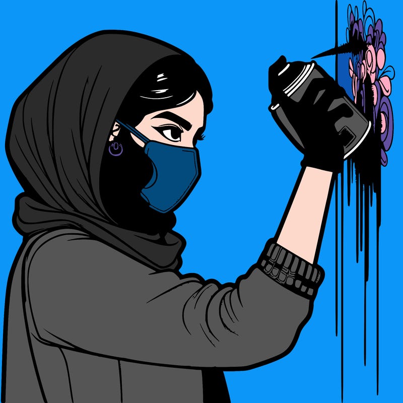 realistic girl with mask spray painting a wall
