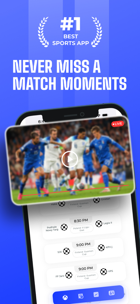 Interfaz de la aplicación Football Live TV que muestra un partido de fútbol en vivo y el calendario de partidos
