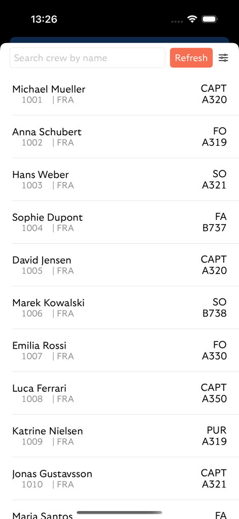 Liste des membres d'équipage de vol montrant les noms, rôles et types d'avions dans l'interface de l'application Avio Crew