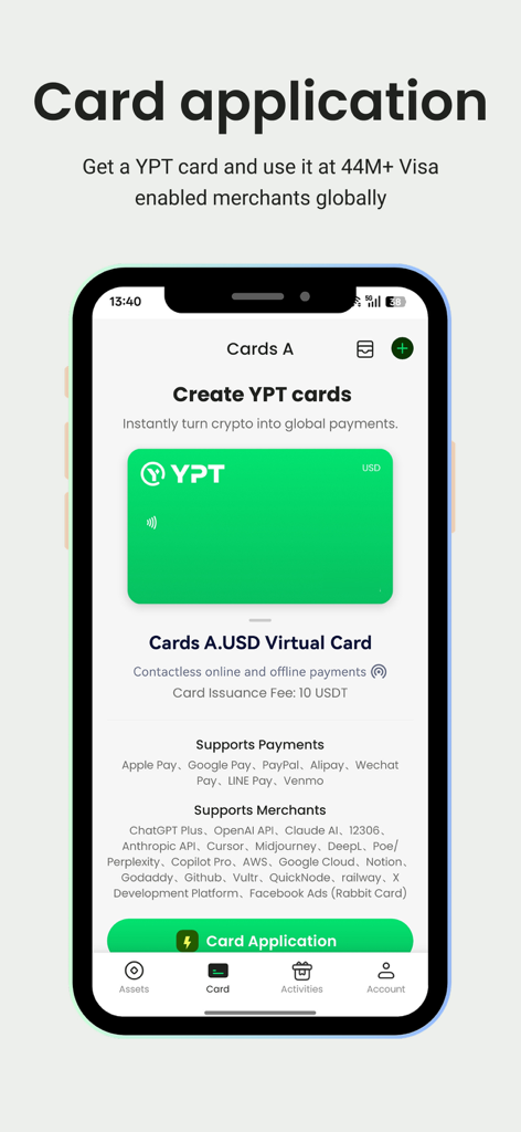 YPT: Crypto Card & Pay - Smartphone screen showing the YPT app interface for applying for a virtual USD crypto Visa card