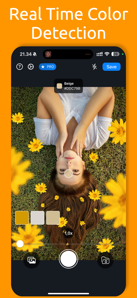 Color Identifier・Match Scanner - Interfaz de la aplicación móvil que muestra la detección de color en tiempo real con códigos hex y nombres