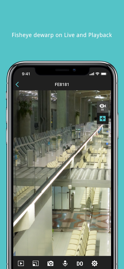 Interfaz de la aplicación VIVOTEK iViewer que muestra metraje de vigilancia con corrección de ojo de pez en un iPhone