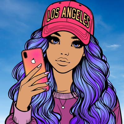 realistic beautiful girl wearing los ángeles cap holding an iphone