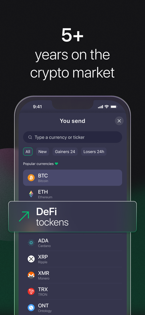 ChangeNOW: Crypto Exchange - Schermata dell'app mobile ChangeNOW che visualizza un elenco di criptovalute popolari e token DeFi per lo scambio istantaneo